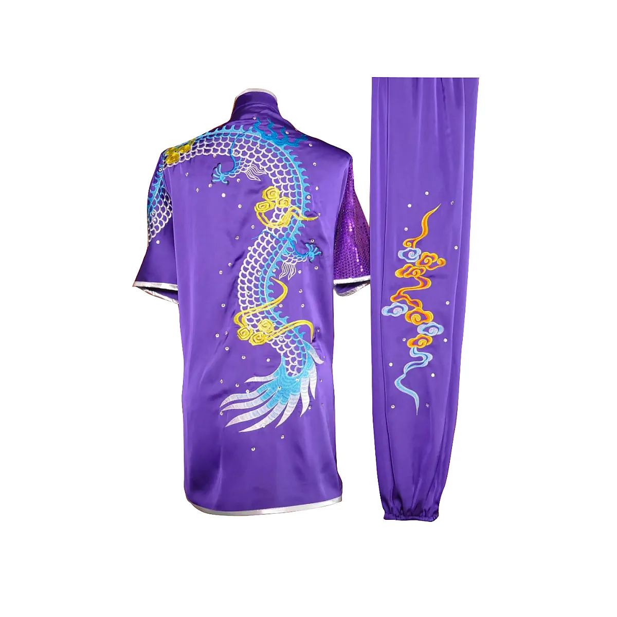 UC2022-41 Purple-Blue Dragon Wushu Uniform – Satin with Gold & White Cloud Embroidery