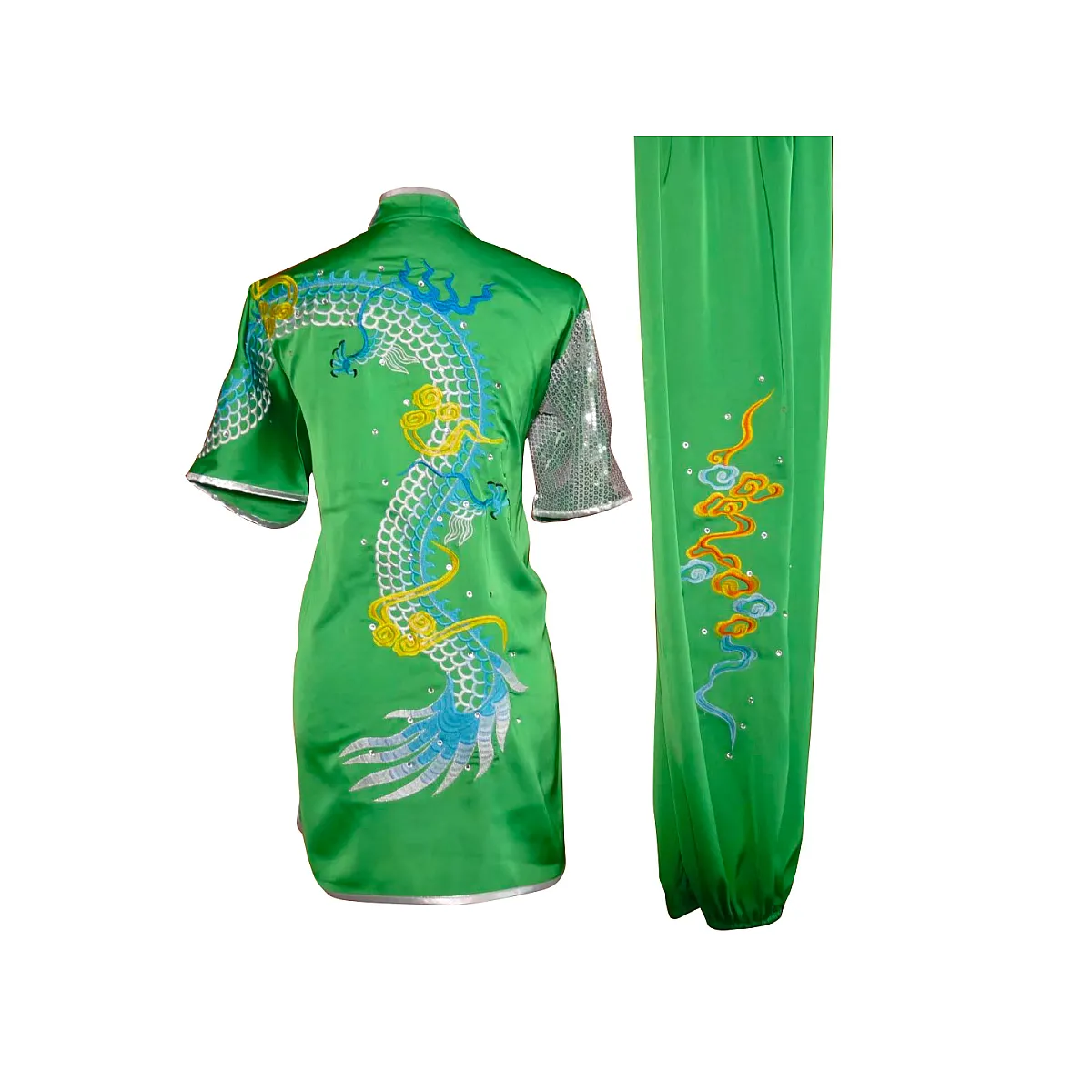 UC2022-42 Green-Blue Dragon Wushu Uniform – Silver Sequin & Gold Cloud Embroidery