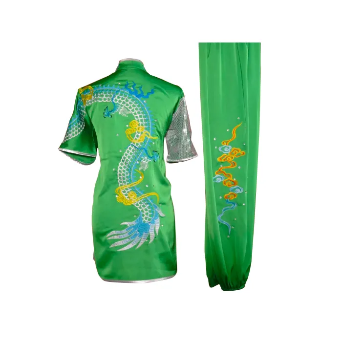 UC2022-42 Green-Blue Dragon Wushu Uniform – Silver Sequin & Gold Cloud Embroidery