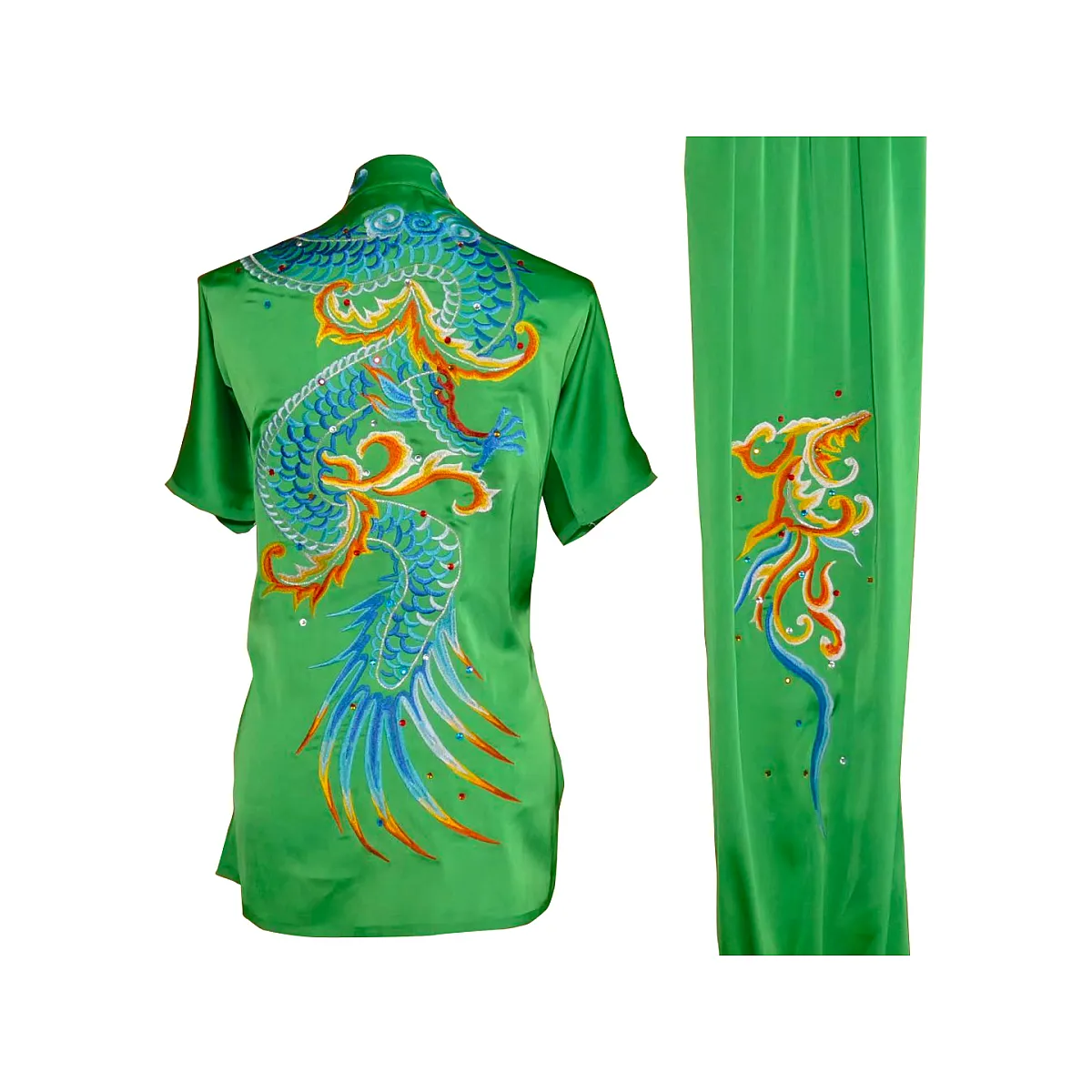 UC2022-43 Green Wushu Uniform – Blue Dragon with Gold Auspicious Clouds