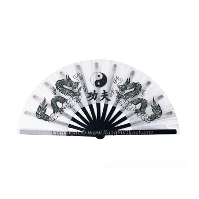 White Tai Chi Kung Fu Fan with Black Twin Dragon Design (Fan27) – Elegant Martial Arts Fan