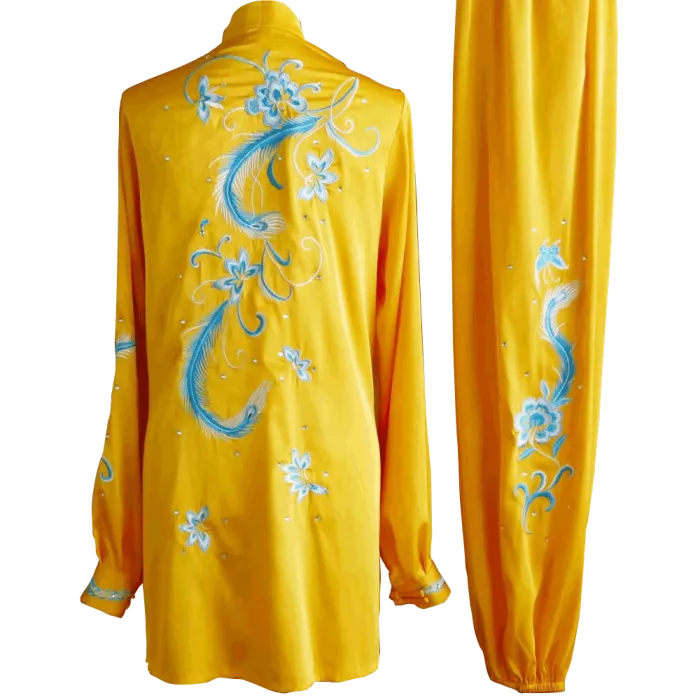 Golden Kung Fu Wushu Uniform with Light Blue Phoenix and Floral Embroidery