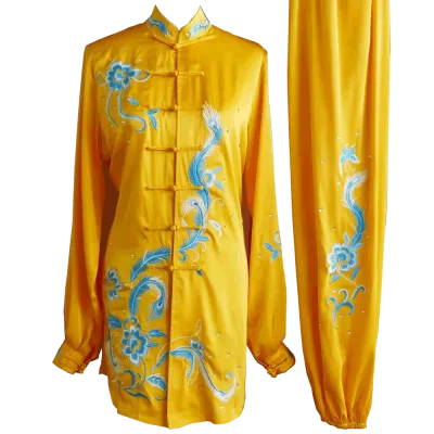 Golden Kung Fu Wushu Uniform with Light Blue Phoenix and Floral Embroidery UC2024-016