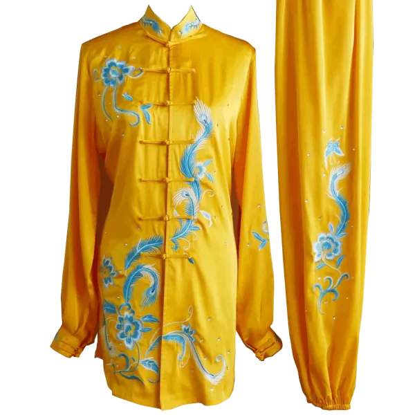 Golden Kung Fu Wushu Uniform with Light Blue Phoenix and Floral Embroidery UC2024-016