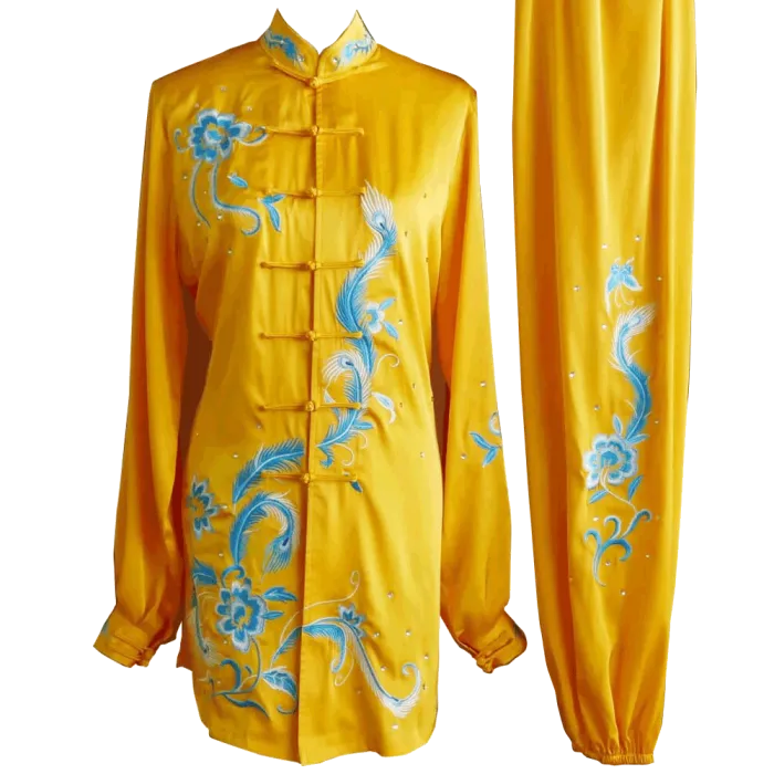 Golden Kung Fu Wushu Uniform with Light Blue Phoenix and Floral Embroidery UC2024-016