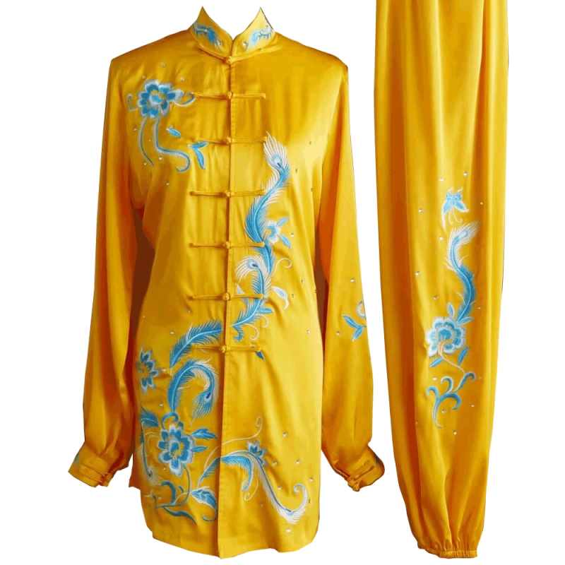 Golden Kung Fu Wushu Uniform with Light Blue Phoenix and Floral Embroidery