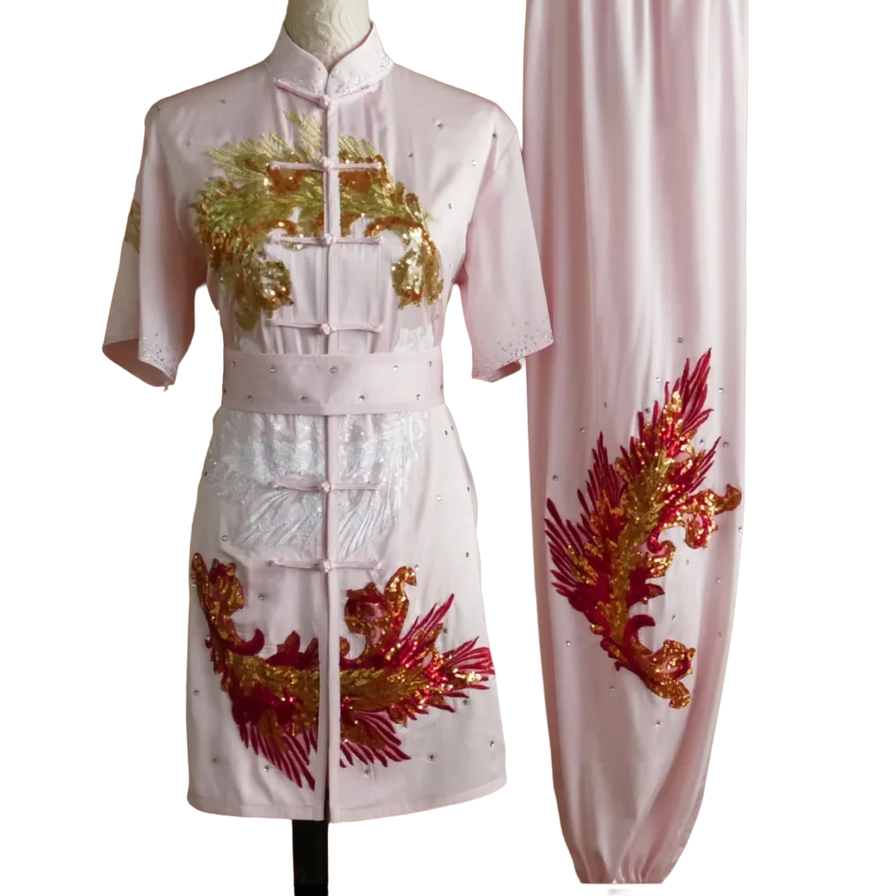 Soft Pink Sequin Performance Uniform – Gold & Red Sequin Details (UC2026SQ-008)