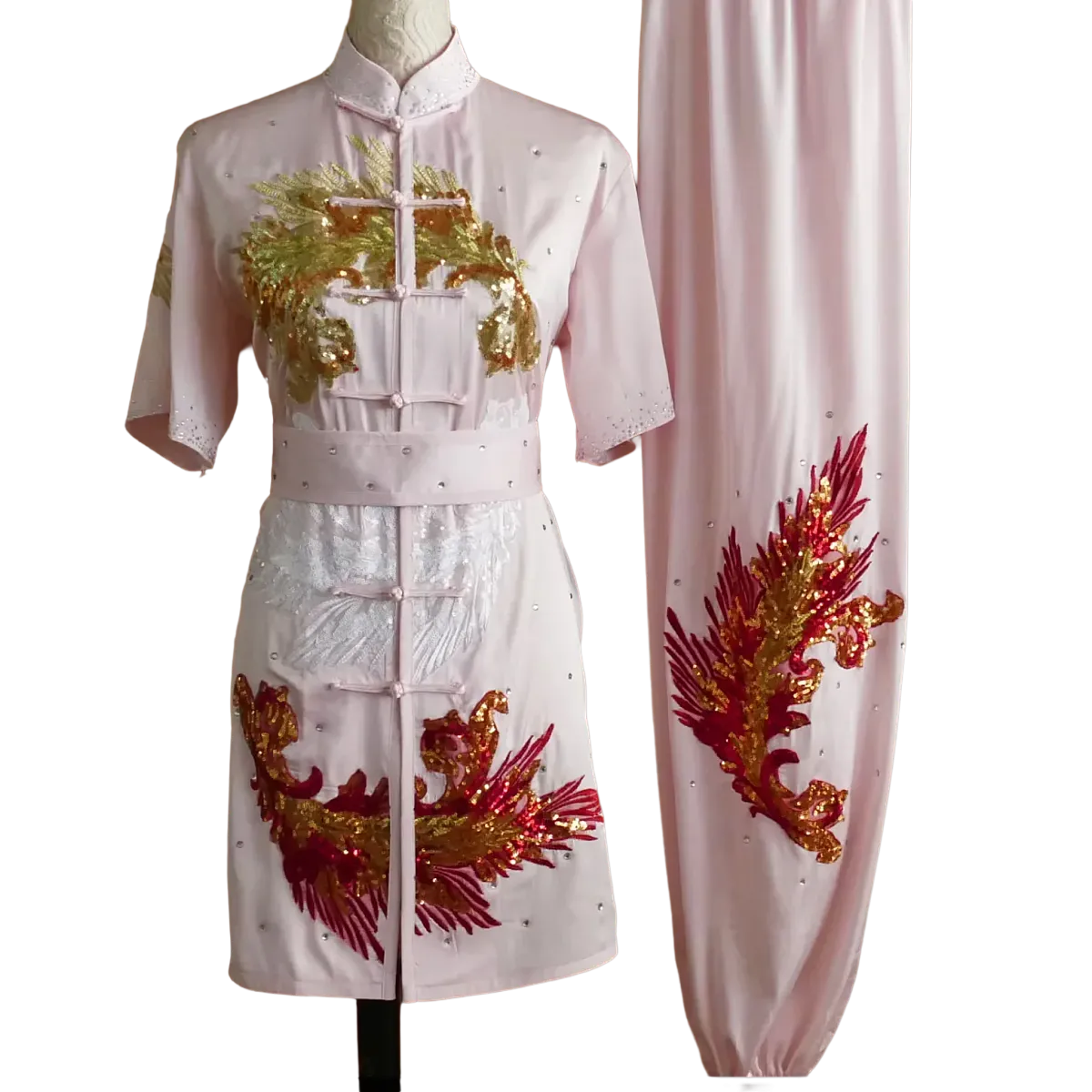 Soft Pink Sequin Performance Uniform – Gold & Red Sequin Details (UC2026SQ-008)