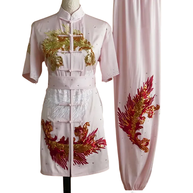 Soft Pink Sequin Performance Uniform – Gold & Red Sequin Details (UC2026SQ-008)