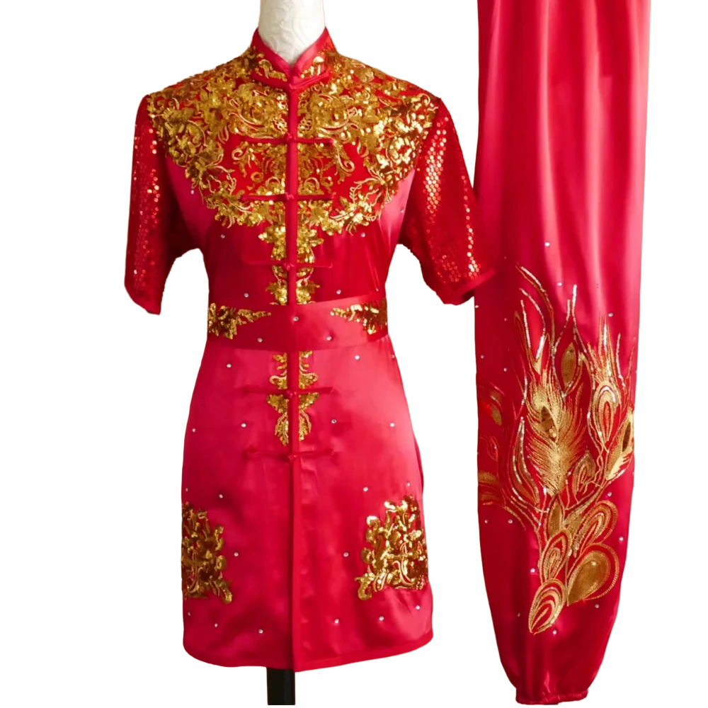 Red Satin Wushu Uniform with Gold Phoenix Sequins