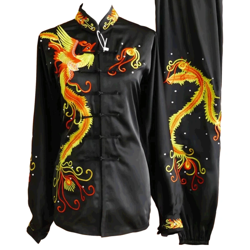 Black Kung Fu Uniform with Green Phoenix Embroidery (Pre-Order)