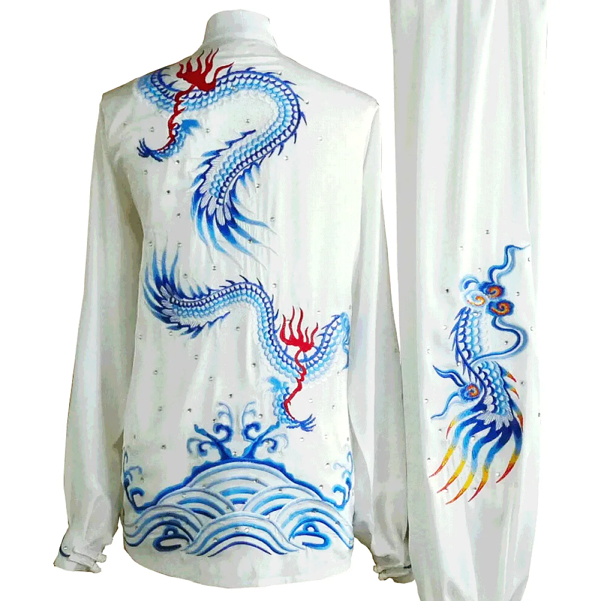 White Tai Chi Kung Fu Uniform with Blue Dragon and Waves Embroidery (Pre-Order) - UC2024-023