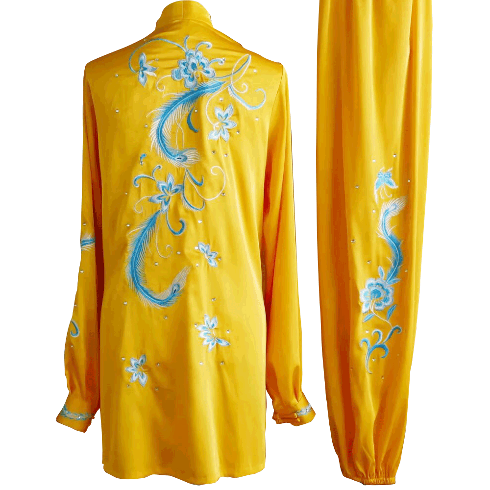 Golden Kung Fu Wushu Uniform with Light Blue Phoenix and Floral Embroidery