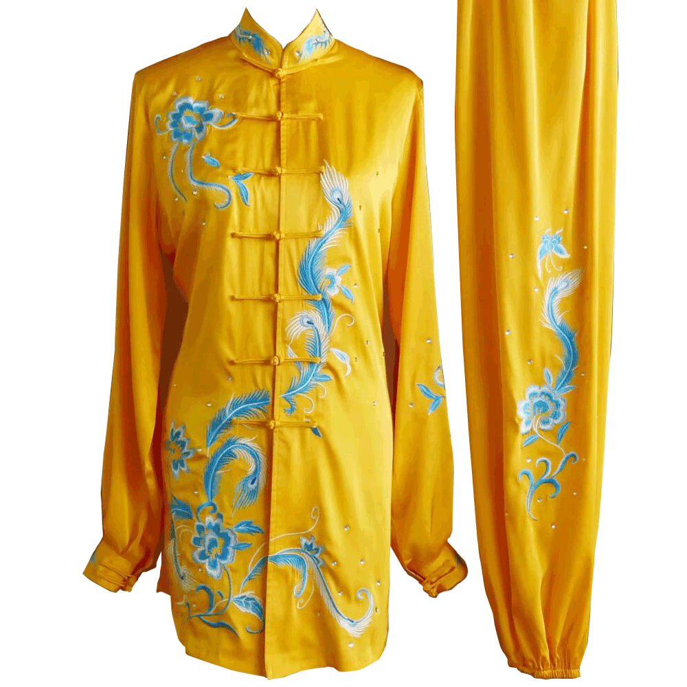 Golden Kung Fu Wushu Uniform with Light Blue Phoenix and Floral Embroidery