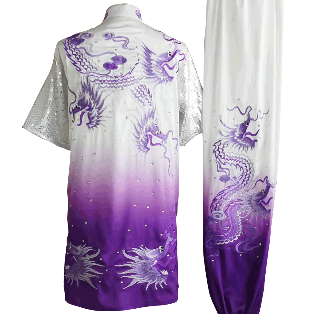 White and Purple Gradient Kung Fu Wushu Uniform with Silver Sequin Sleeves and Dragon Embroidery UC2024-019