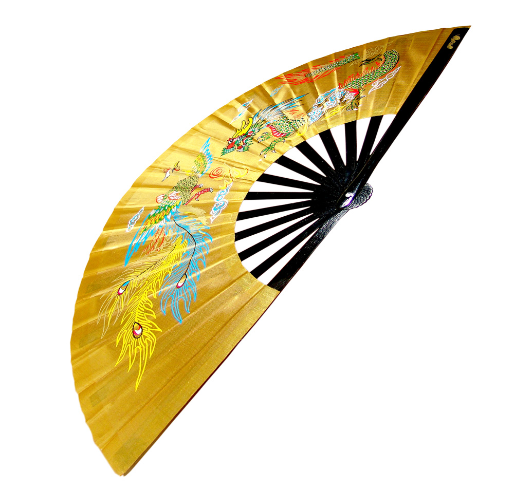 Golden Taichi Kung Fu Fan with Dragon Phoenix Design (Fan04)