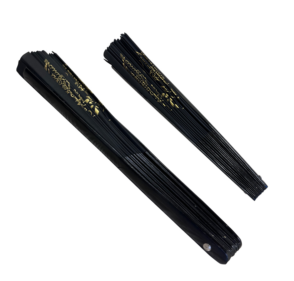 Black Twin Golden Dragon Tai Chi Kung Fu Bamboo Rib Fan (Fan07)