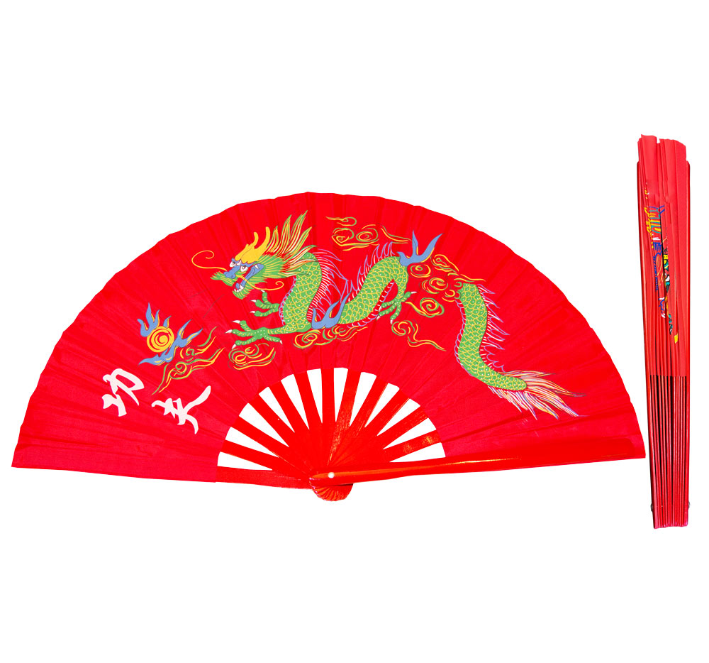 Red Tai Chi Kung Fu Fan (Fan10) – Bamboo Ribs with Green Dragon Design for Martial Arts Training & Performance