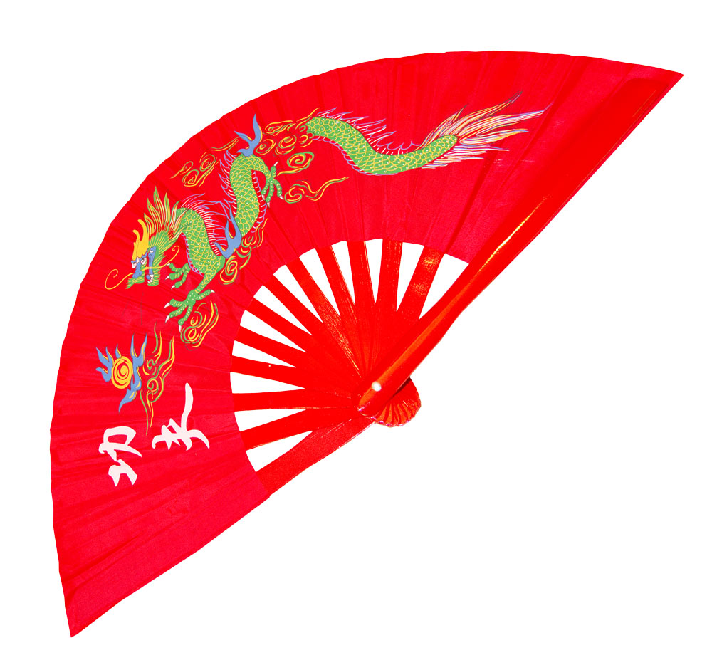Red Tai Chi Kung Fu Fan (Fan10) – Bamboo Ribs with Green Dragon Design for Martial Arts Training & Performance