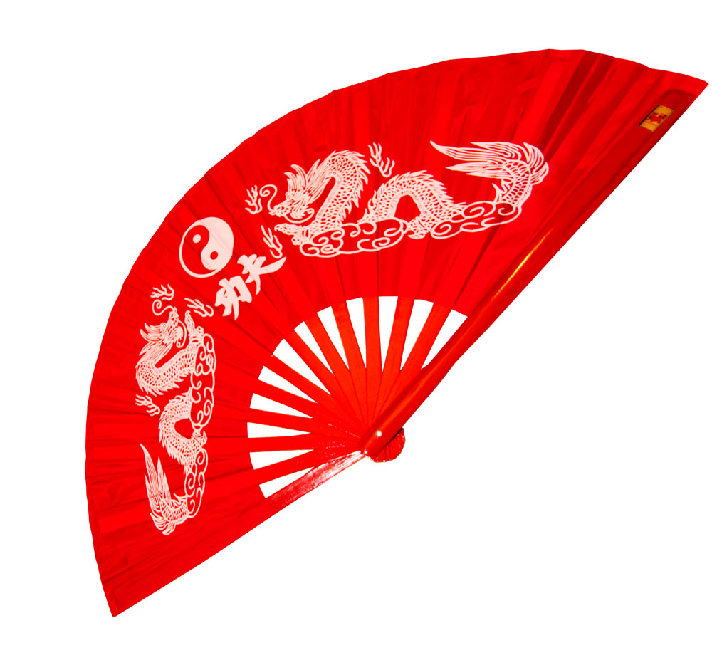 Red Twin Dragon Tai Chi Kung Fu Fan (Fan11) – Bamboo Ribs & White Dragon Design for Martial Arts