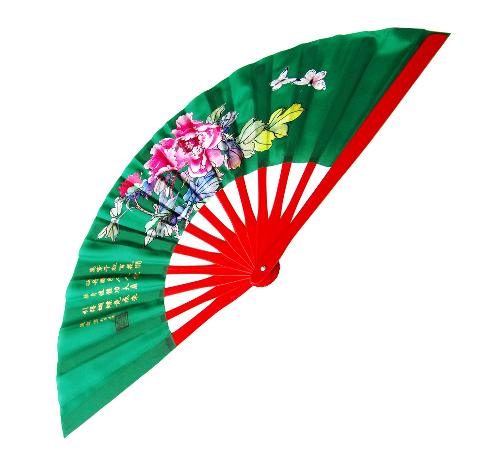 Green Peony Tai Chi Kung Fu Fan (Fan15) – Elegant Floral Design with Red Bamboo Ribs