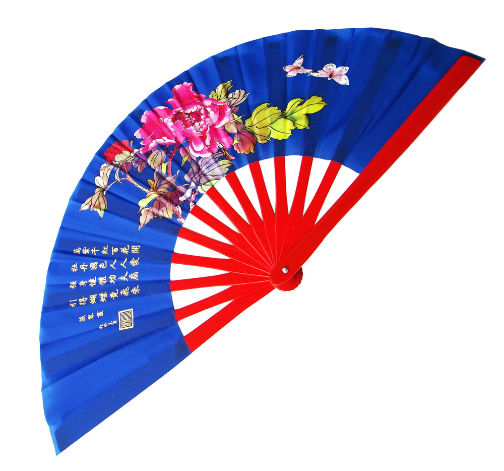 Blue Mudan Tai Chi Kung Fu Fan (Fan18) – Peony Flower Design & Red Bamboo Ribs