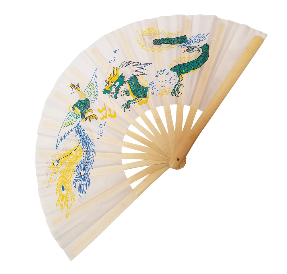 White Nylon Bamboo Rib Tai Chi Fan with Dragon and Phoenix Design (Fan20) – Elevate Your Practice