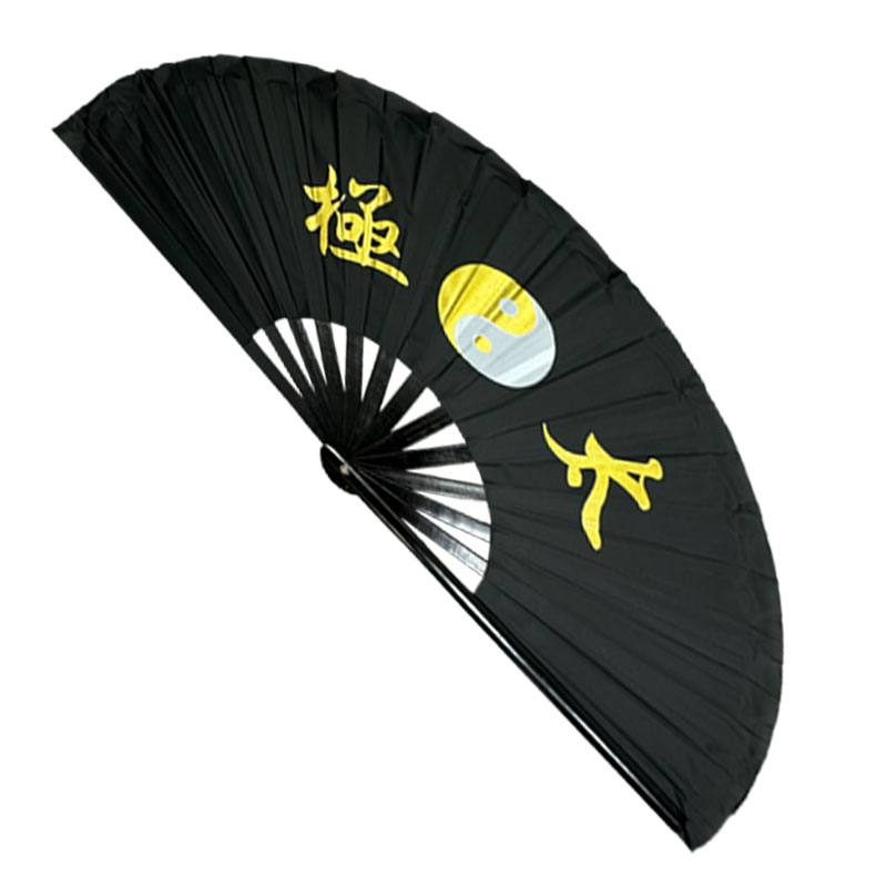 Tai Chi Bamboo Rib Fan (Fan22-1) – Black Nylon Base with Gold & White Design
