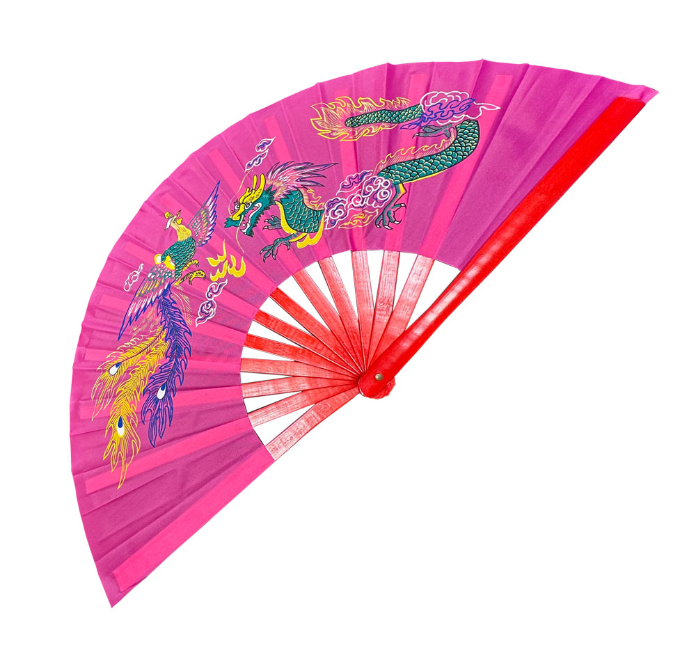 Pink Dragon Phoenix Tai Chi Fan – 13" Lightweight Bamboo Martial Arts Fan (Fan28)
