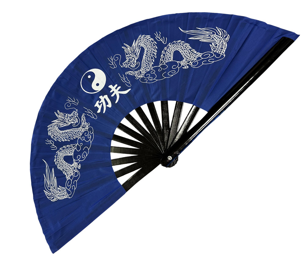Blue Twin Dragon Tai Chi Kung Fu Fan (Fan19) – Black Bamboo Ribs & Traditional Martial Arts Design