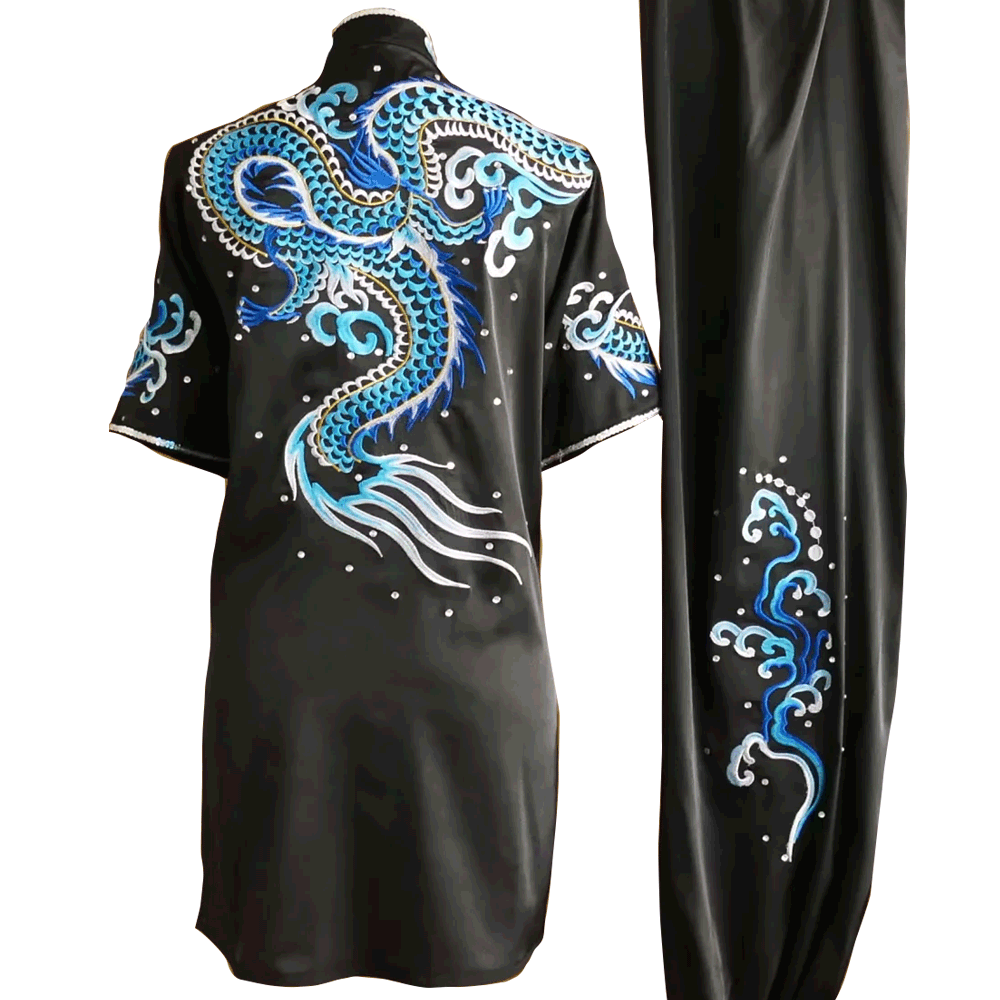 Black Kung Fu Uniform with Blue Dragon Embroidery (Pre-Order)