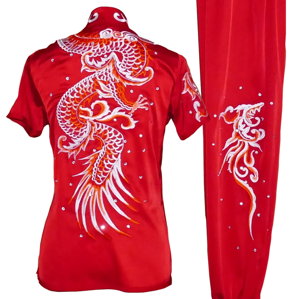 Red Kung Fu Wushu Uniform with White & Gold Dragon Embroidery