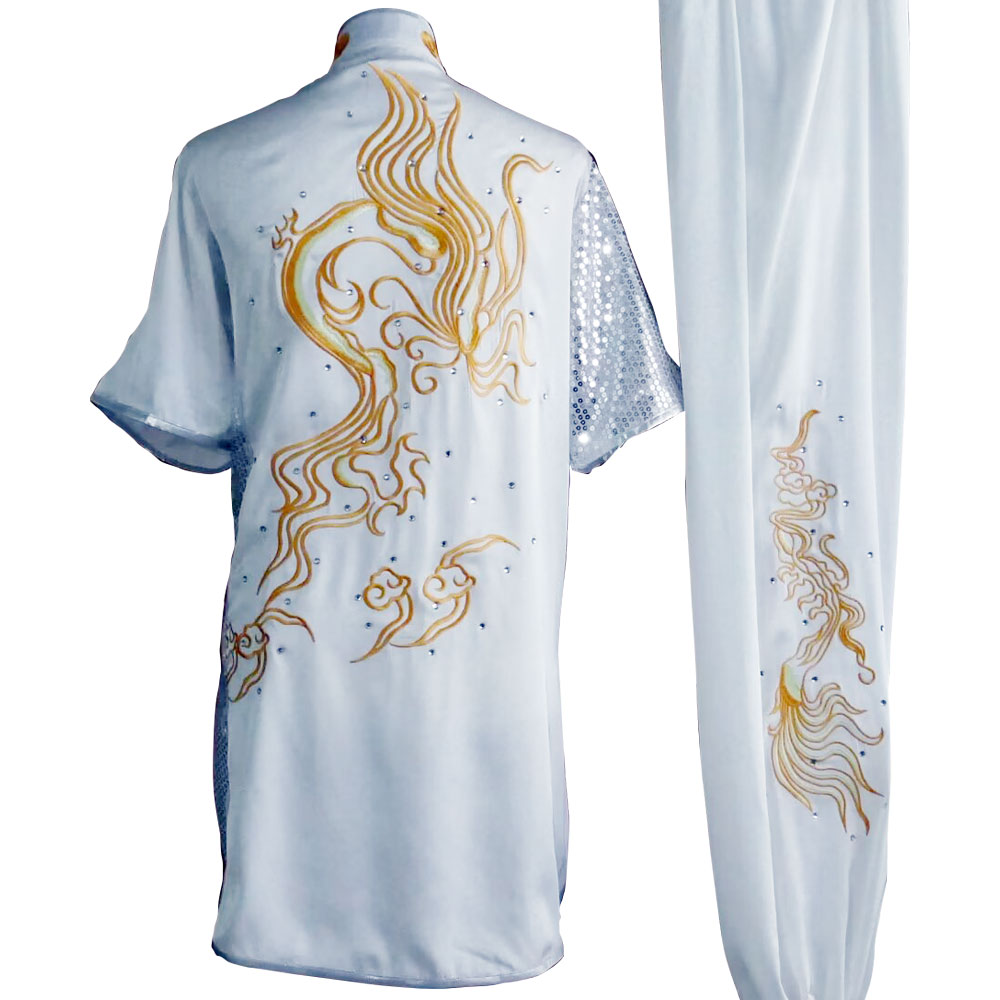 White Kung Fu Wushu Uniform with Golden Flowing Cloud Embroidery (Pre-Order) - UC2024-022