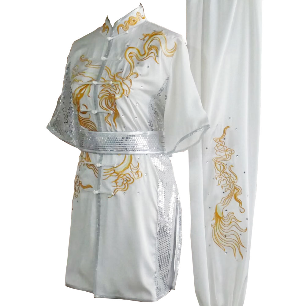 White Kung Fu Wushu Uniform with Golden Flowing Cloud Embroidery (Pre-Order) - UC2024-022