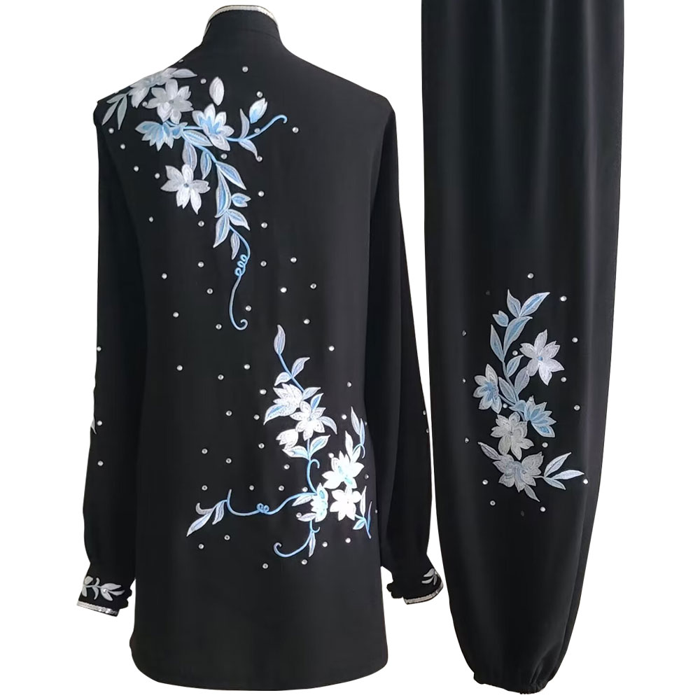 Black Kung Fu Wushu Uniform with Silver and Light Blue Embroidery and Sequins（pre-order ) UC2024-027