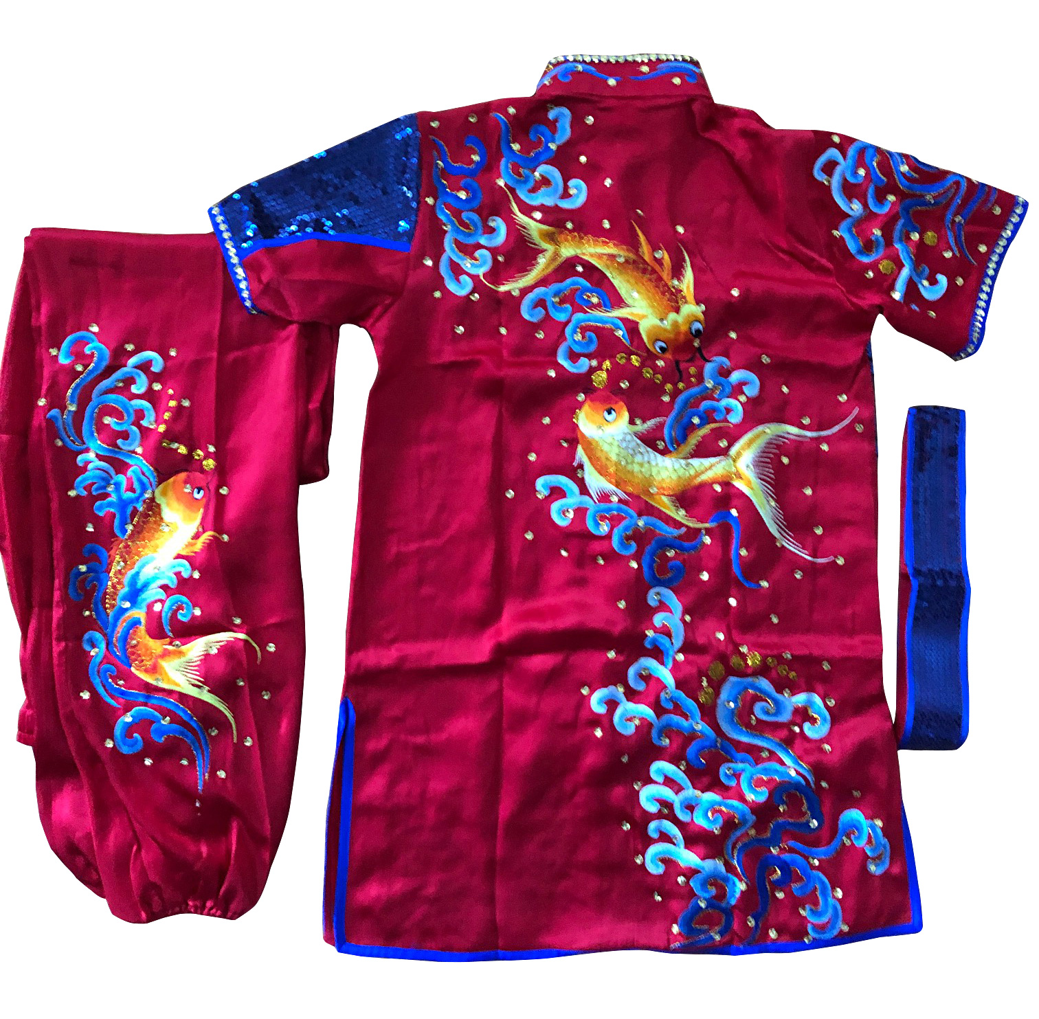 PSU030 – Red/Blue Fish Embroidery Silk Kung Fu Uniform