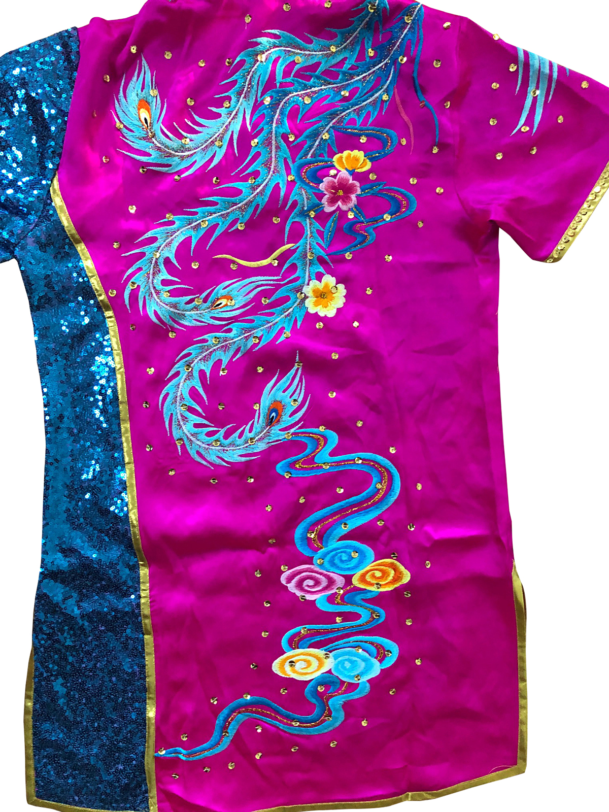 PSU033 – Magenta/Blue Phoenix Embroidery Silk Kung Fu Uniform