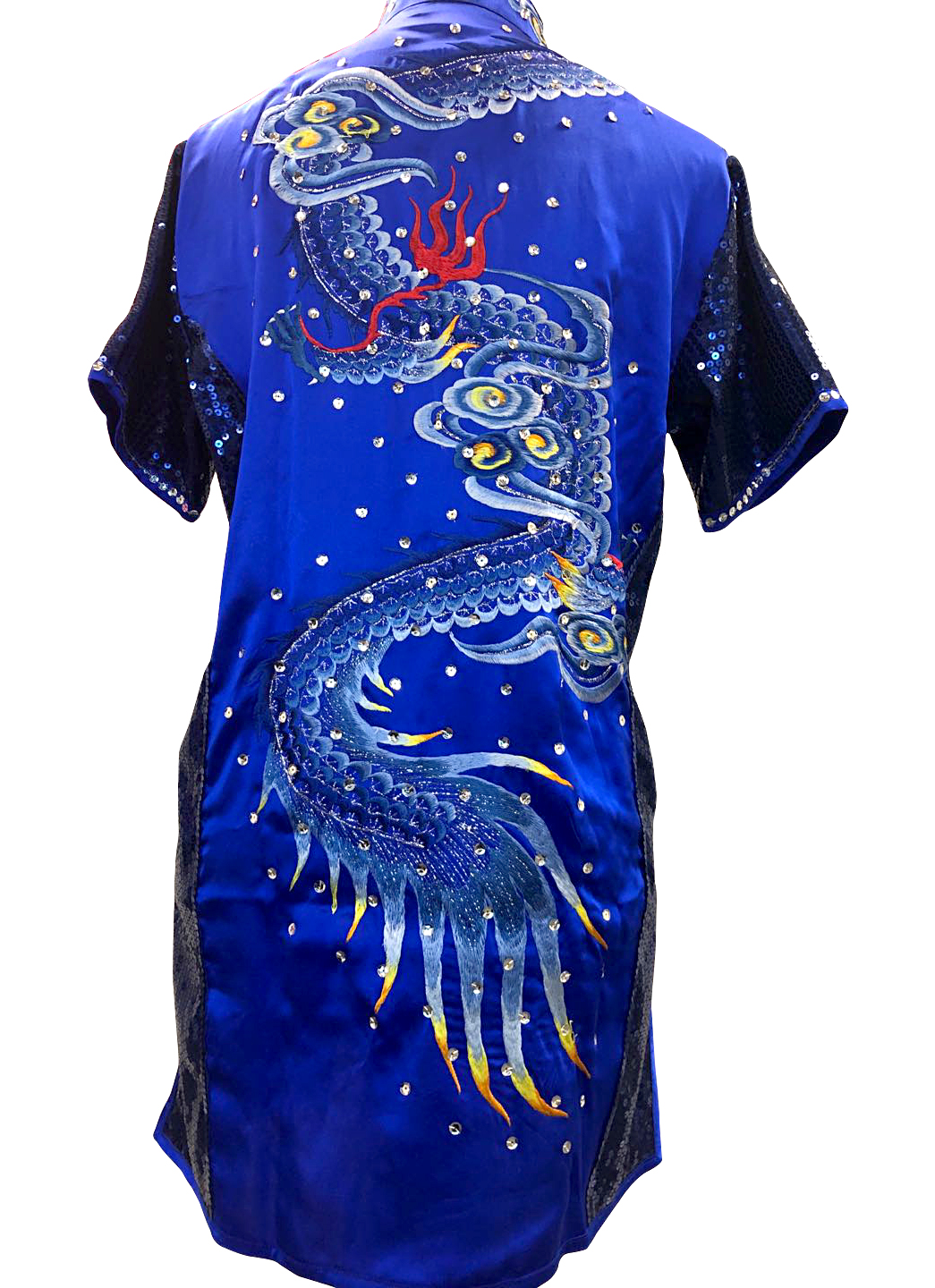 PSU034 – Blue Phoenix Embroidery Silk Kung Fu Uniform with Dark Blue Sequins