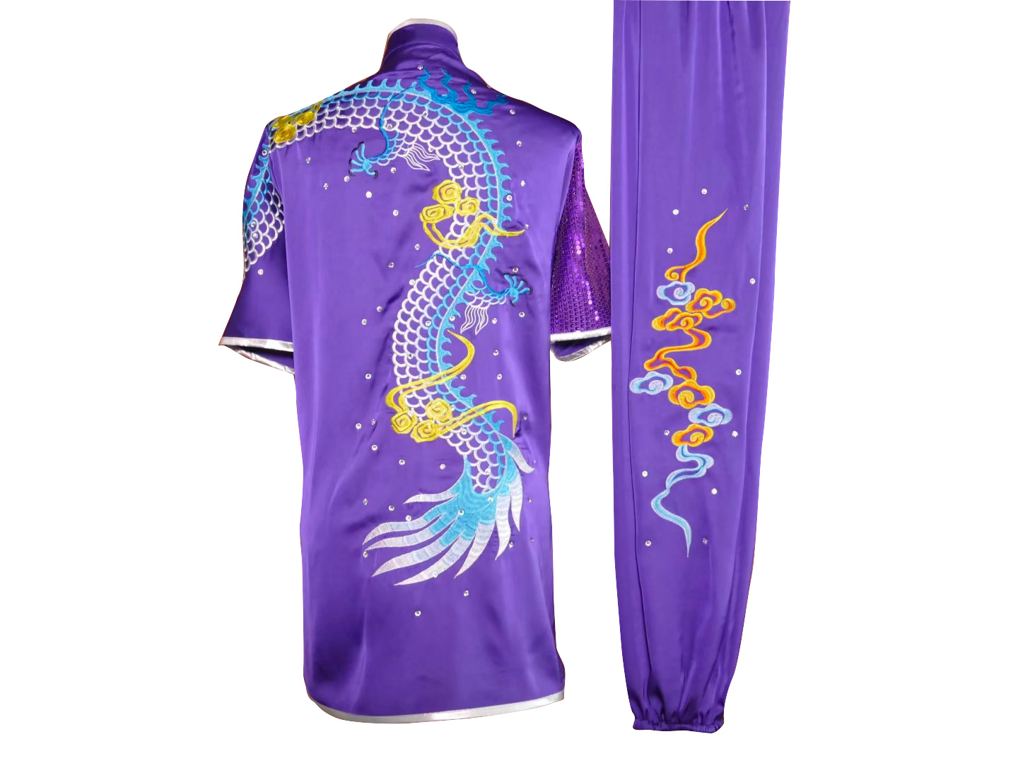 UC2022-41 Purple-Blue Dragon Wushu Uniform – Satin with Gold & White Cloud Embroidery