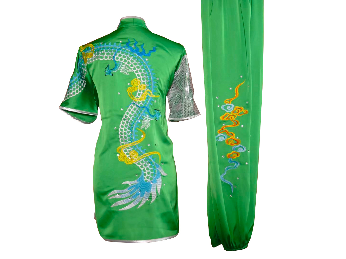 UC2022-42 Green-Blue Dragon Wushu Uniform – Silver Sequin & Gold Cloud Embroidery