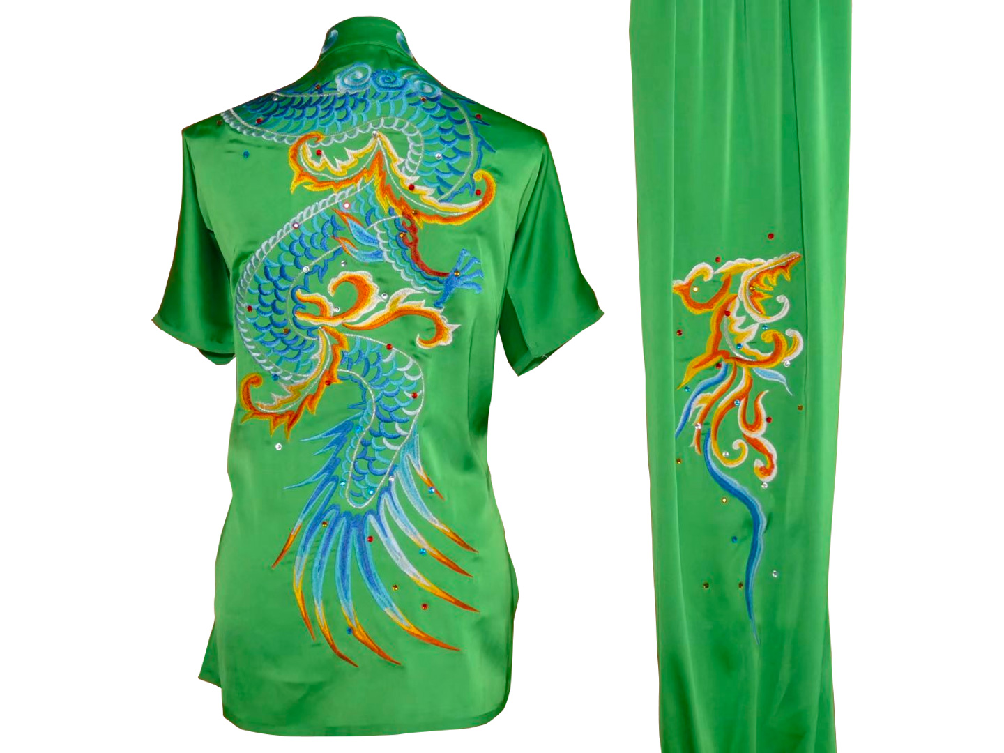 UC2022-43 Green Wushu Uniform – Blue Dragon with Gold Auspicious Clouds